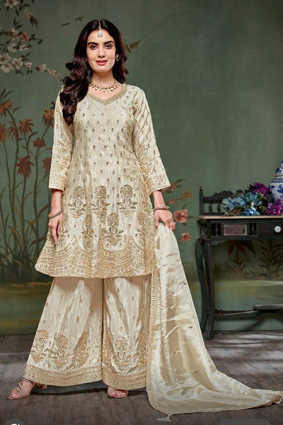 Buy Women's Ivory Shimmer Silk Embroidered Palazzo Kurta Suit Set 