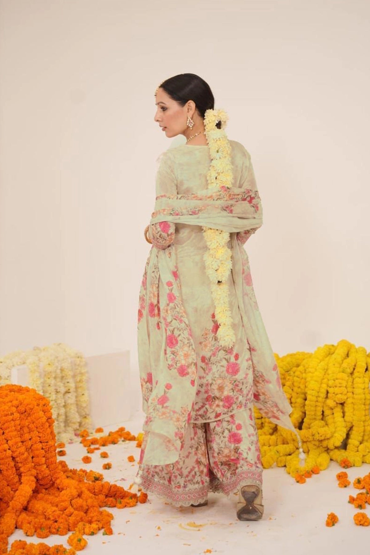 Wonen's Chinon Floral Print Embroidered Kurta Sharara & Dupatta Set 