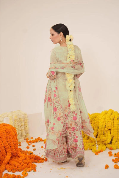 Wonen's Chinon Floral Print Embroidered Kurta Sharara & Dupatta Set Wonen's Chinon Floral Print Embroidered Kurta Sharara & Dupatta Set 