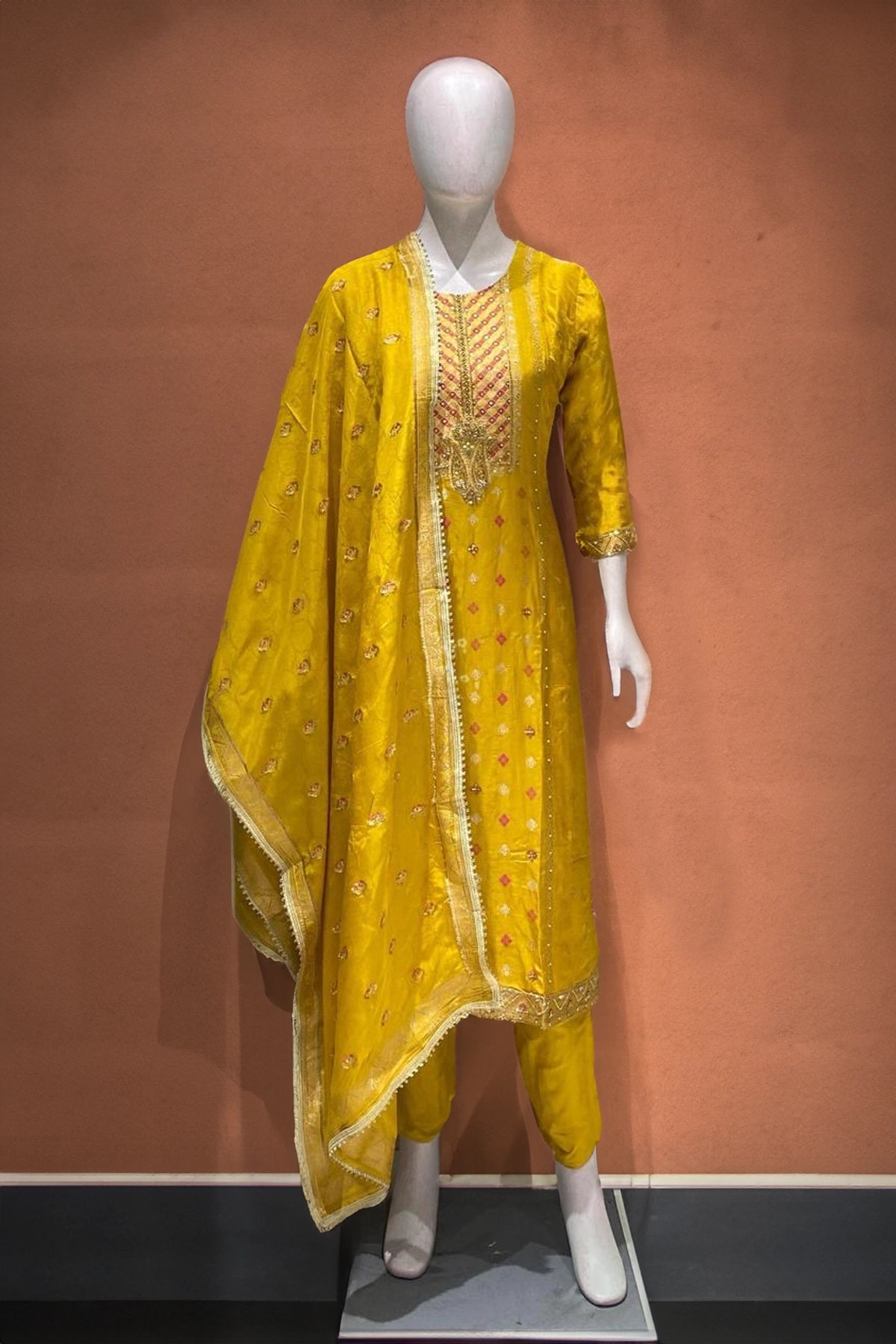 Buy Mustard Yellow Embroidered Kurts Suit Set at PinkPhulkari 