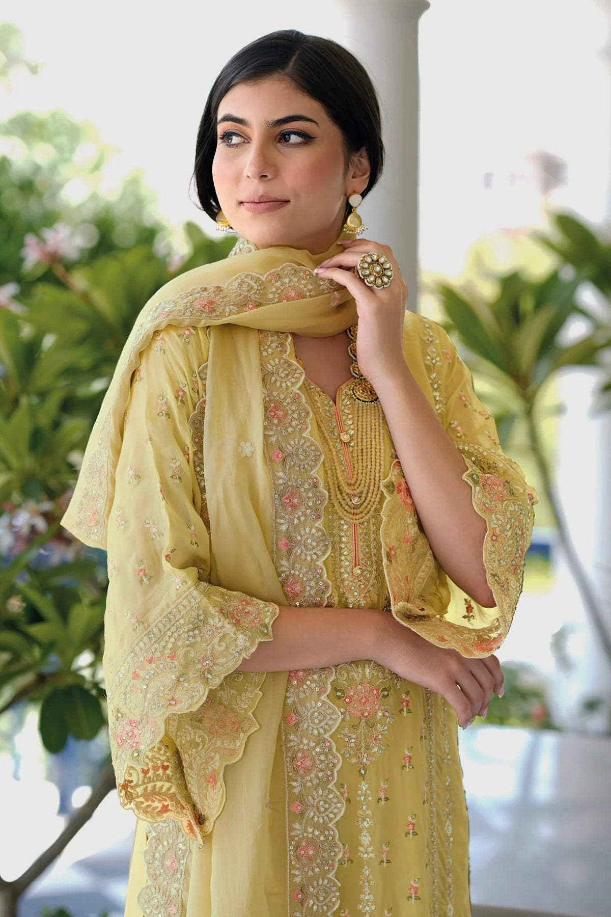 Gold Yellow Heavy Embroidery Work Organza Suit at PinkPhulkari 