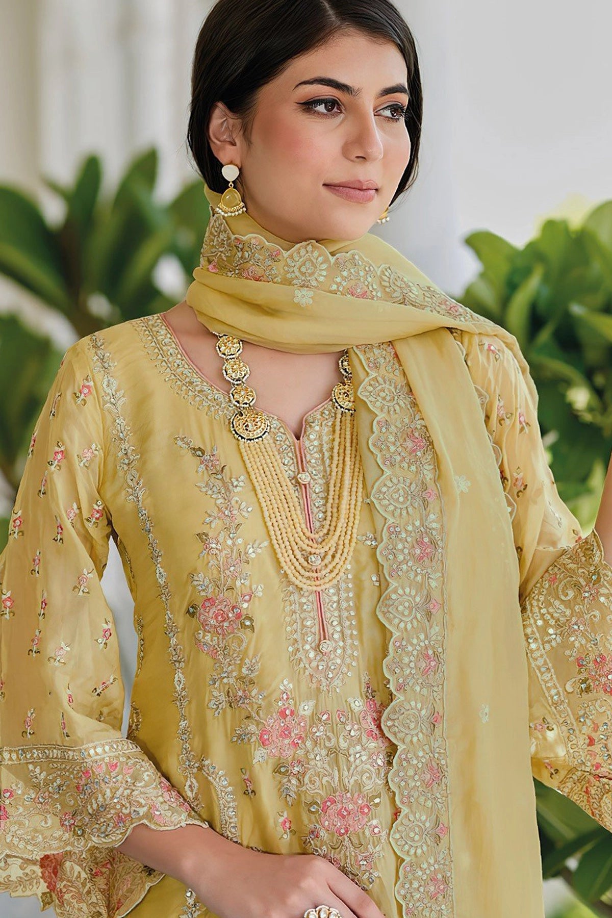 Gold Yellow Heavy Embroidery Work Organza Suit at PinkPhulkari 