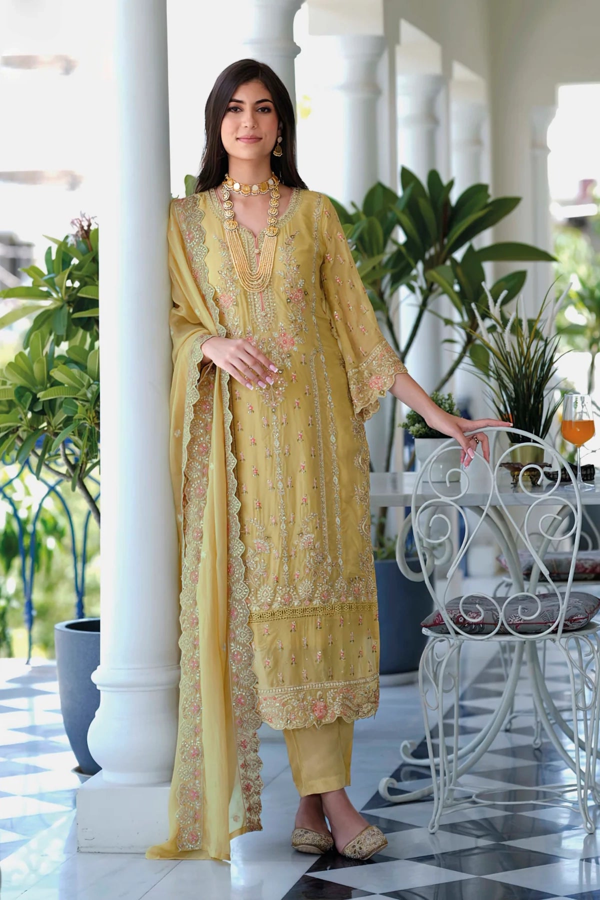 Gold Yellow Heavy Embroidery Work Organza Suit