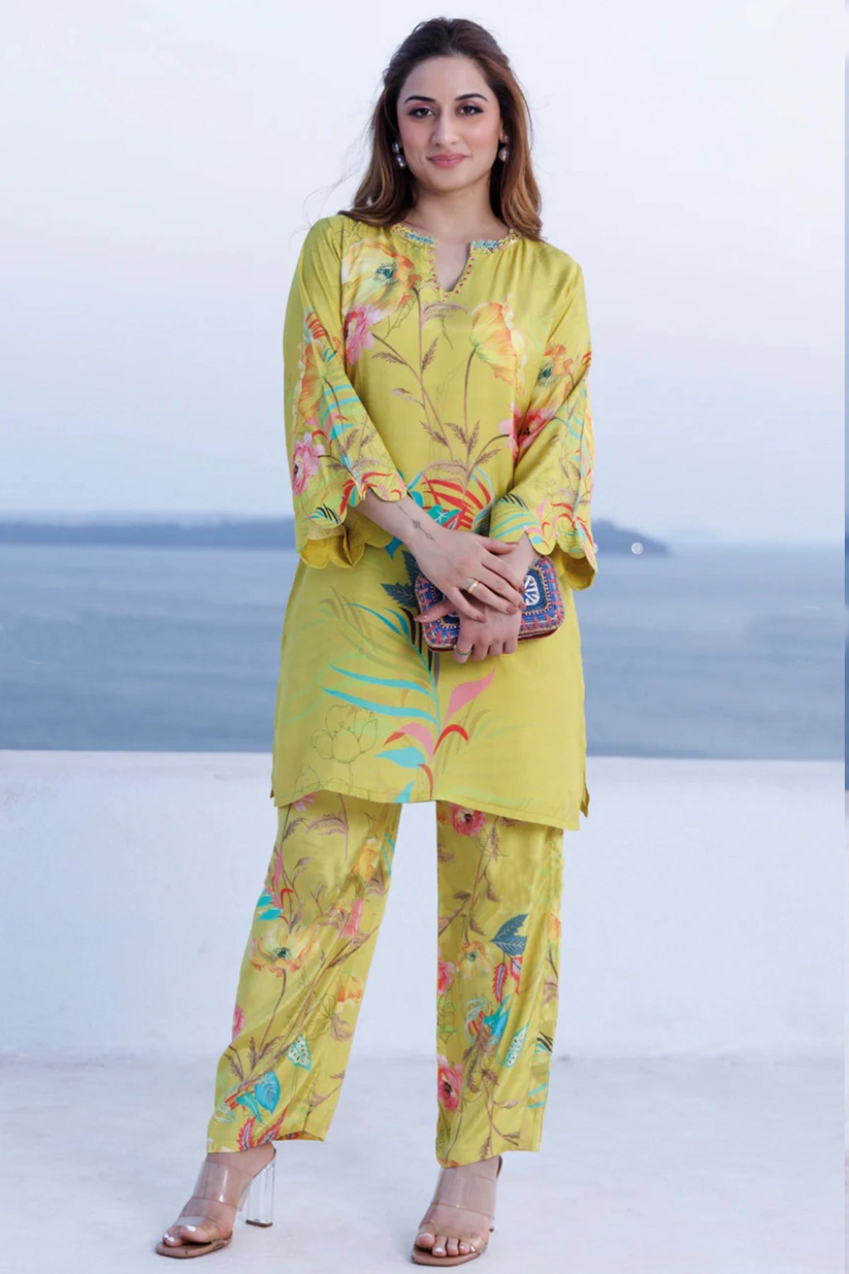 Olive Yellow Crepe Silk Printed Co-Ord Set at PinkPhulkari California