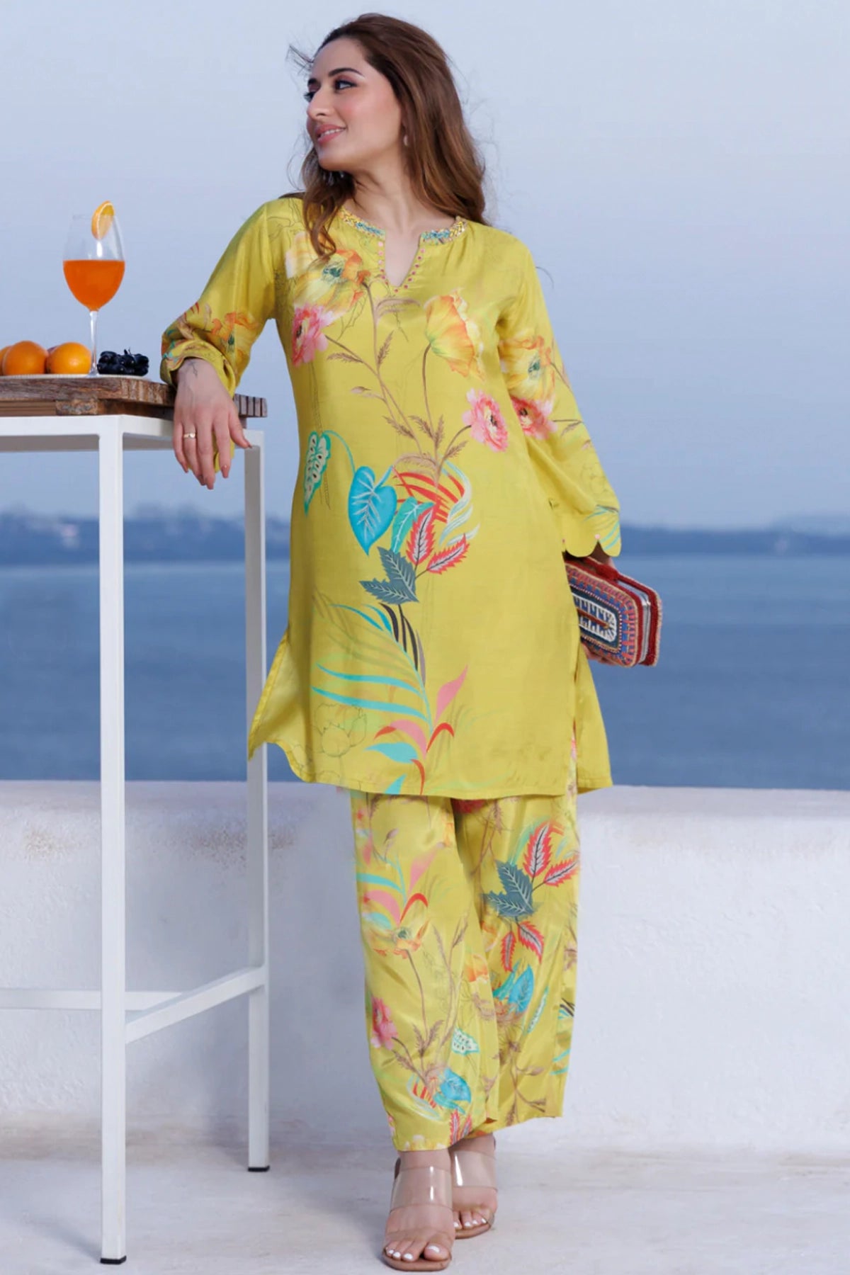 Olive Yellow Crepe Silk Printed Co-Ord Set at PinkPhulkari California