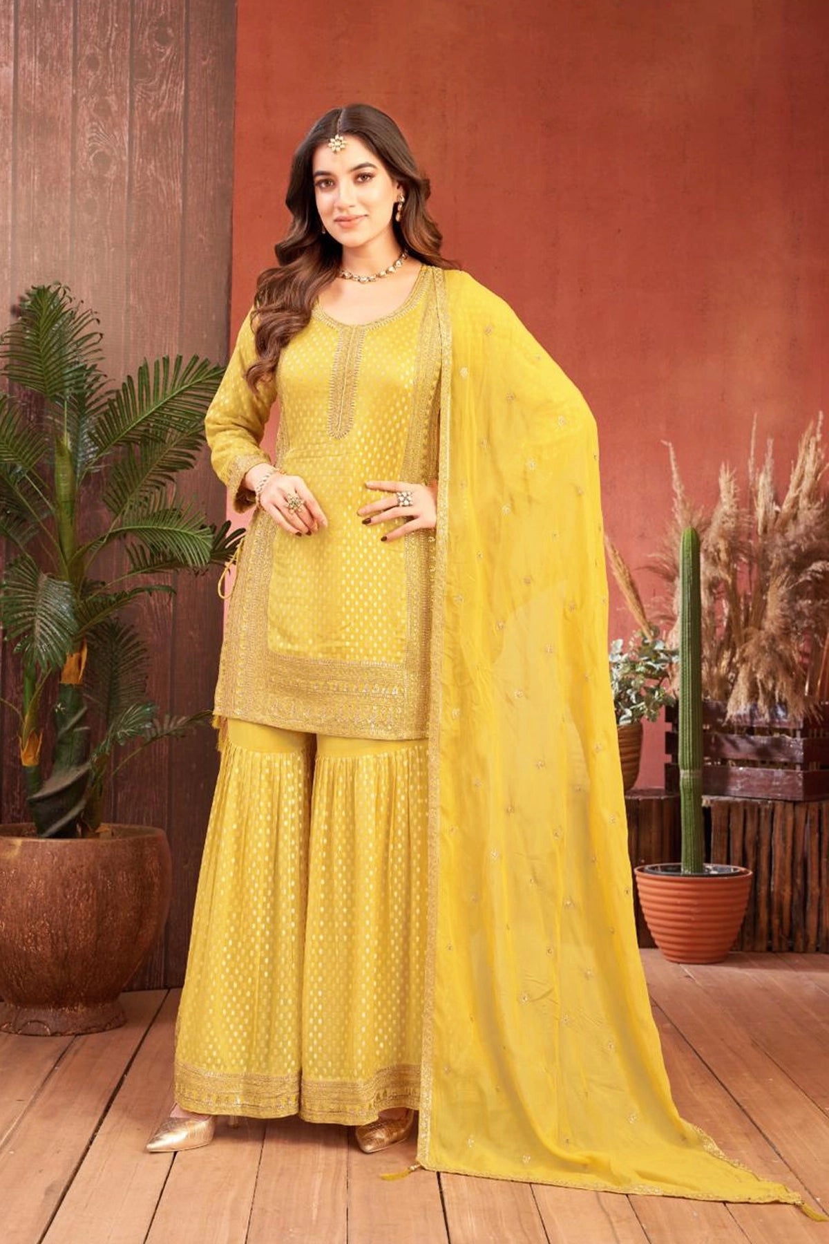 Yellow Kurta Palazzo Suit Set with Dupatta at PinkPhulkari California