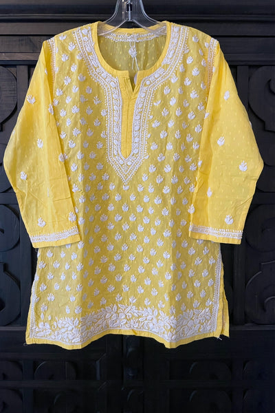  Yellow Cotton Lucknowi Chikankari Short Kurti 