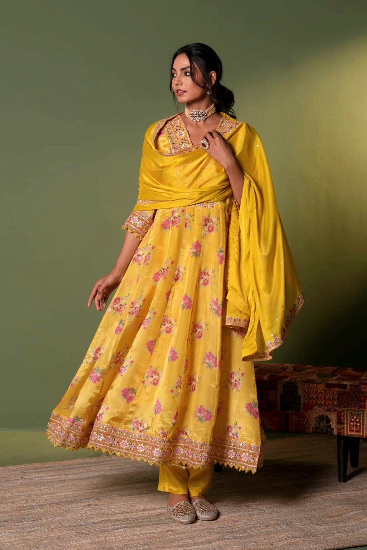 Buy Yellow Chinon Silk Floral Print Embroidered Anarkali Set