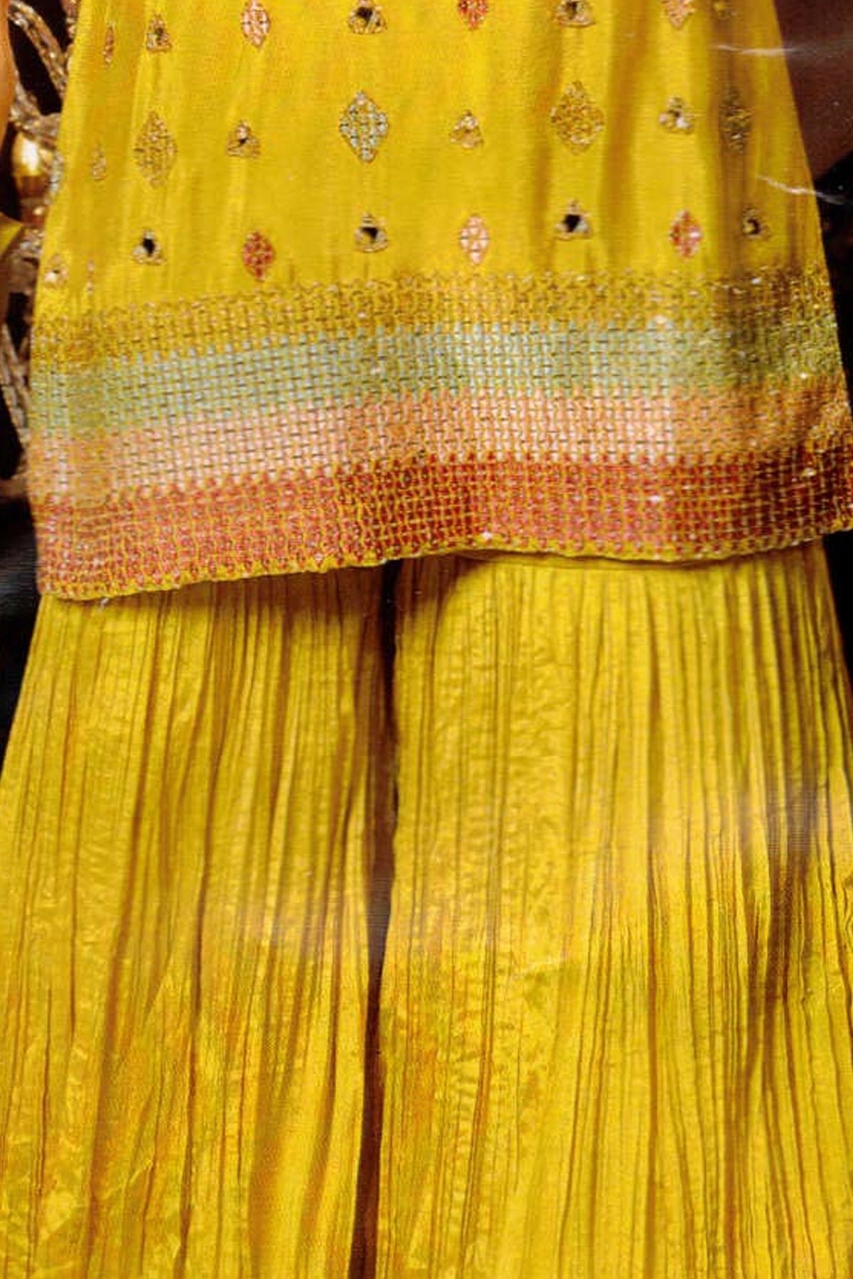 Yellow Silk Embroidered Sharara Suit at PinkPhulkari California