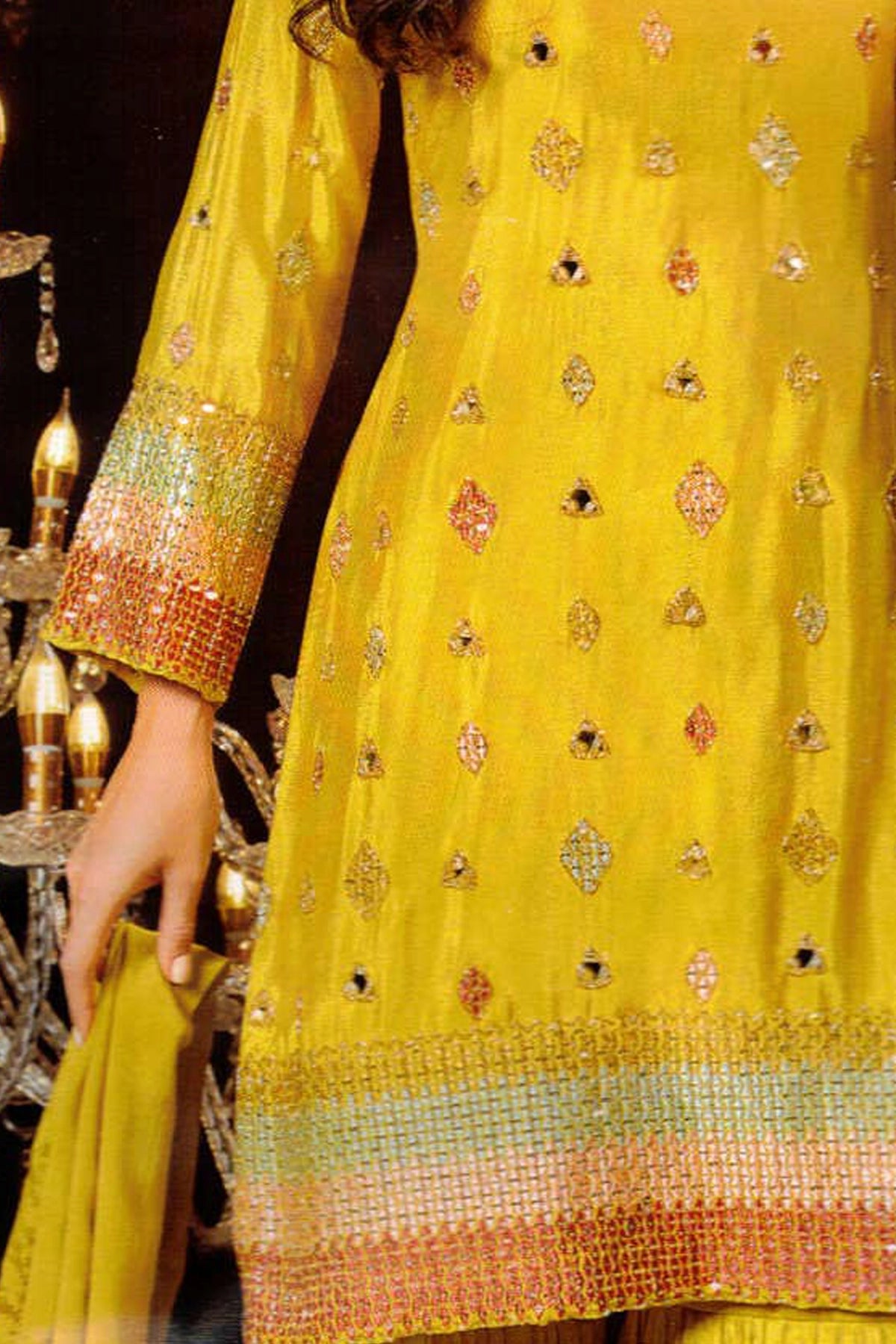 Yellow Silk Embroidered Sharara Suit at PinkPhulkari California