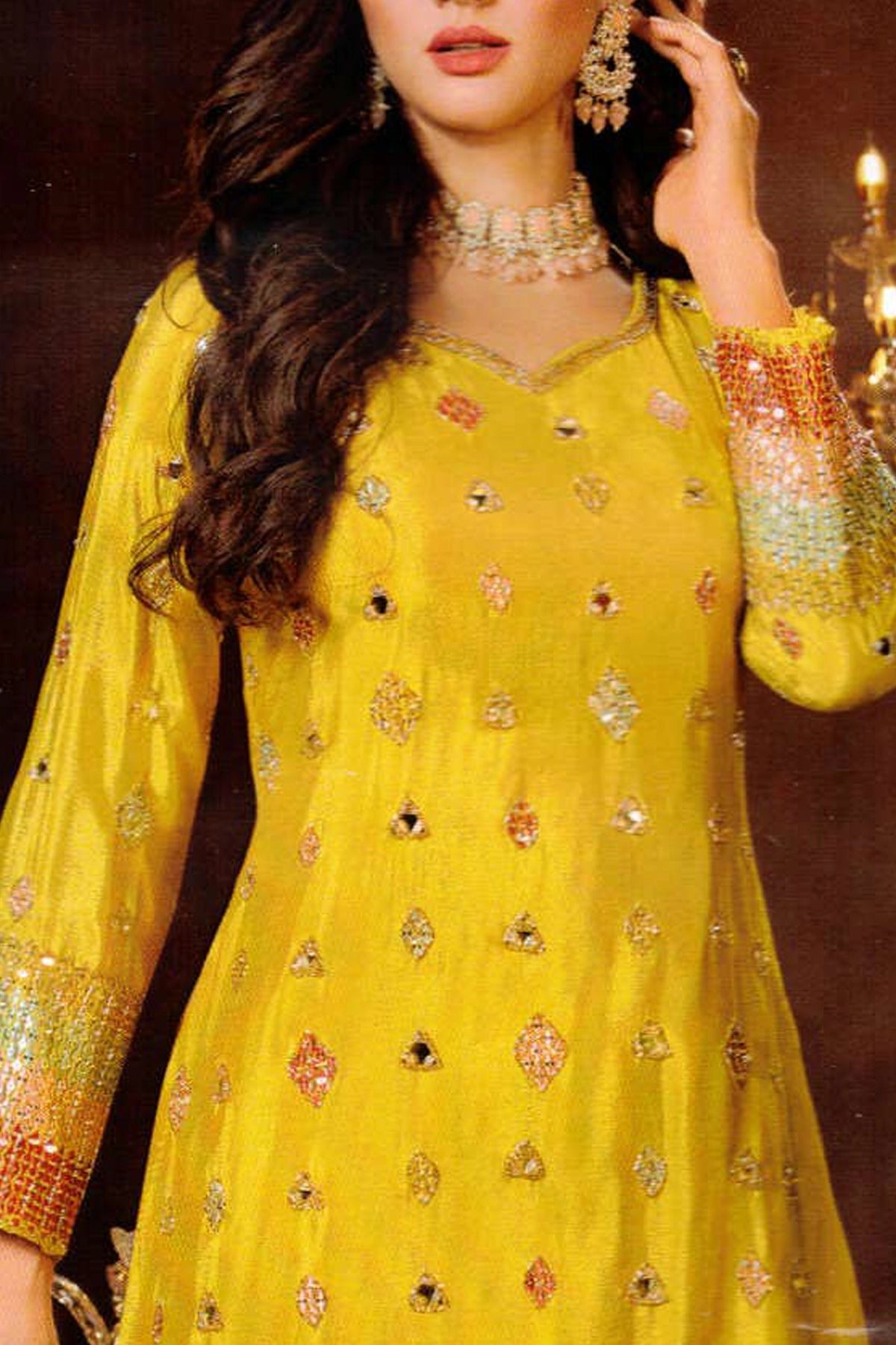 Yellow Silk Embroidered Sharara Suit at PinkPhulkari California