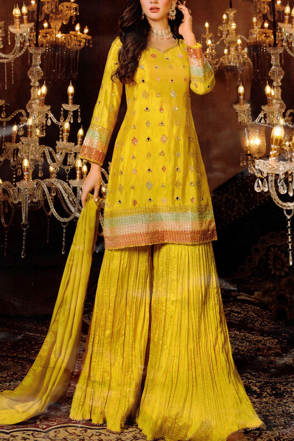 Yellow Silk Embroidered Sharara Suit at PinkPhulkari California