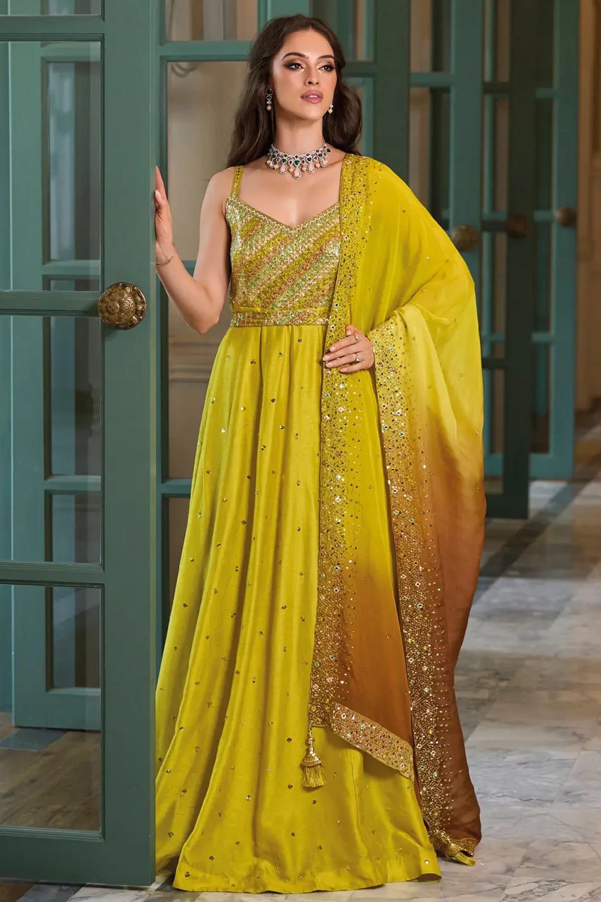 Yellow Embroidered Silk Indian & Pakistani Anarkali Gown, Silk / DarkKhaki / XL(42) Yellow Embroidered Silk Indian & Pakistani Anarkali Gown, Silk / DarkKhaki / XL(42)