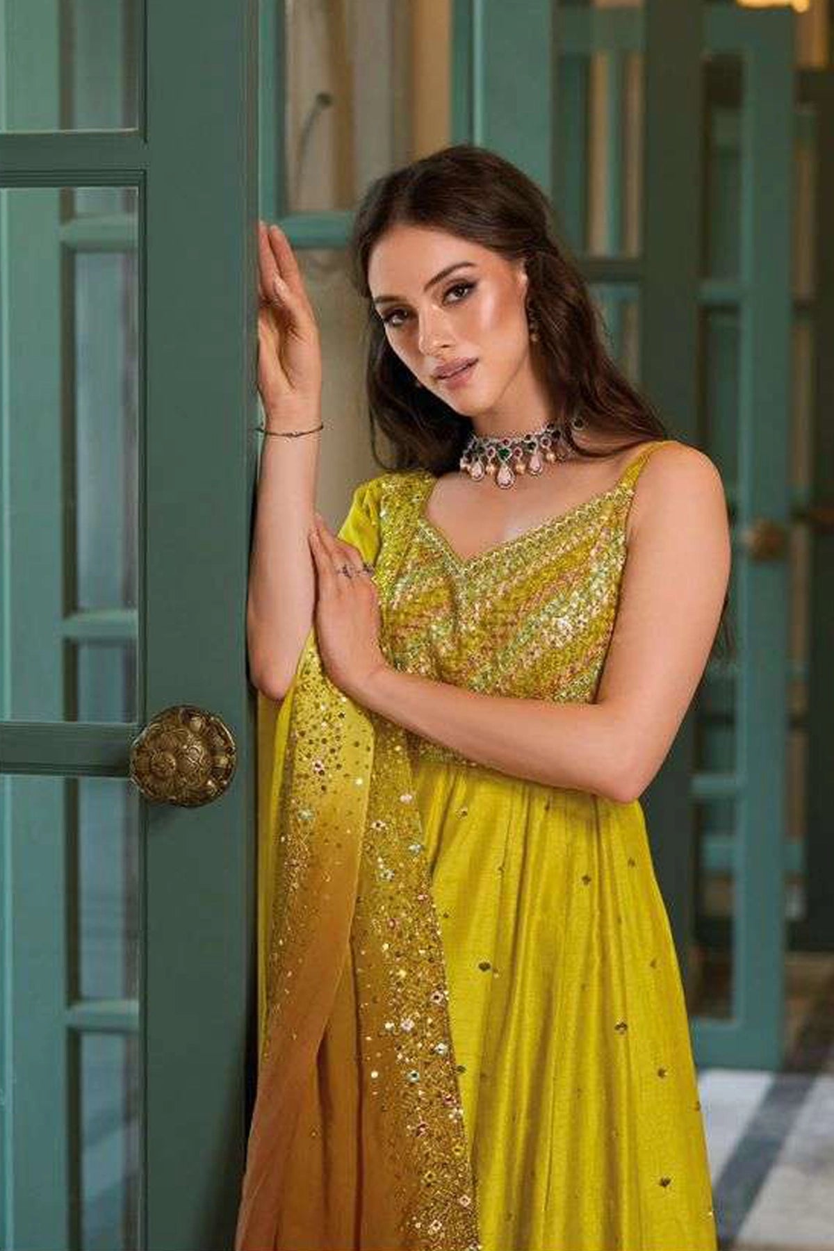 Buy Yellow Embroidered Silk Anarkali Gown at PinkPhulkari 