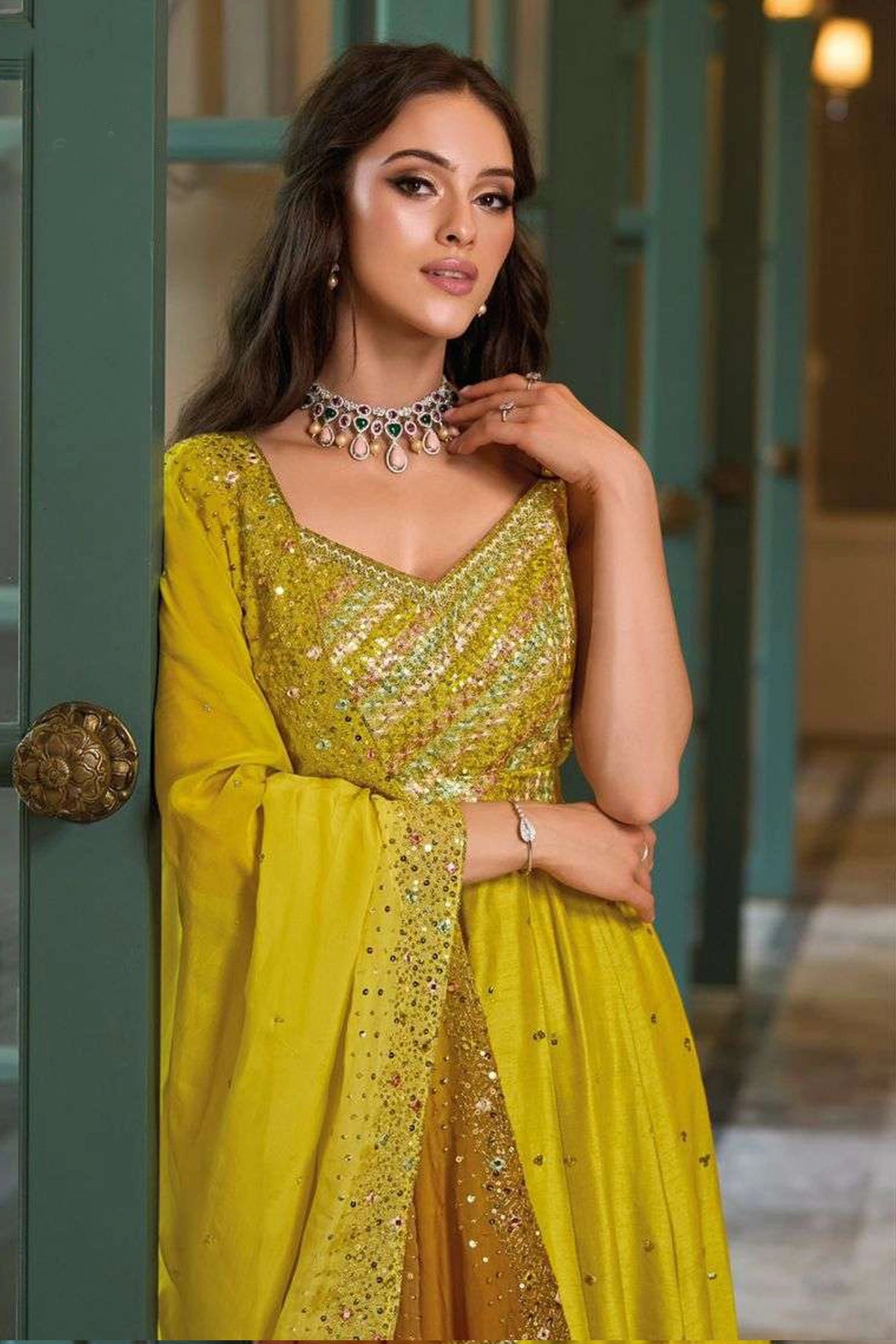 Buy Yellow Embroidered Silk Anarkali Gown at PinkPhulkari 