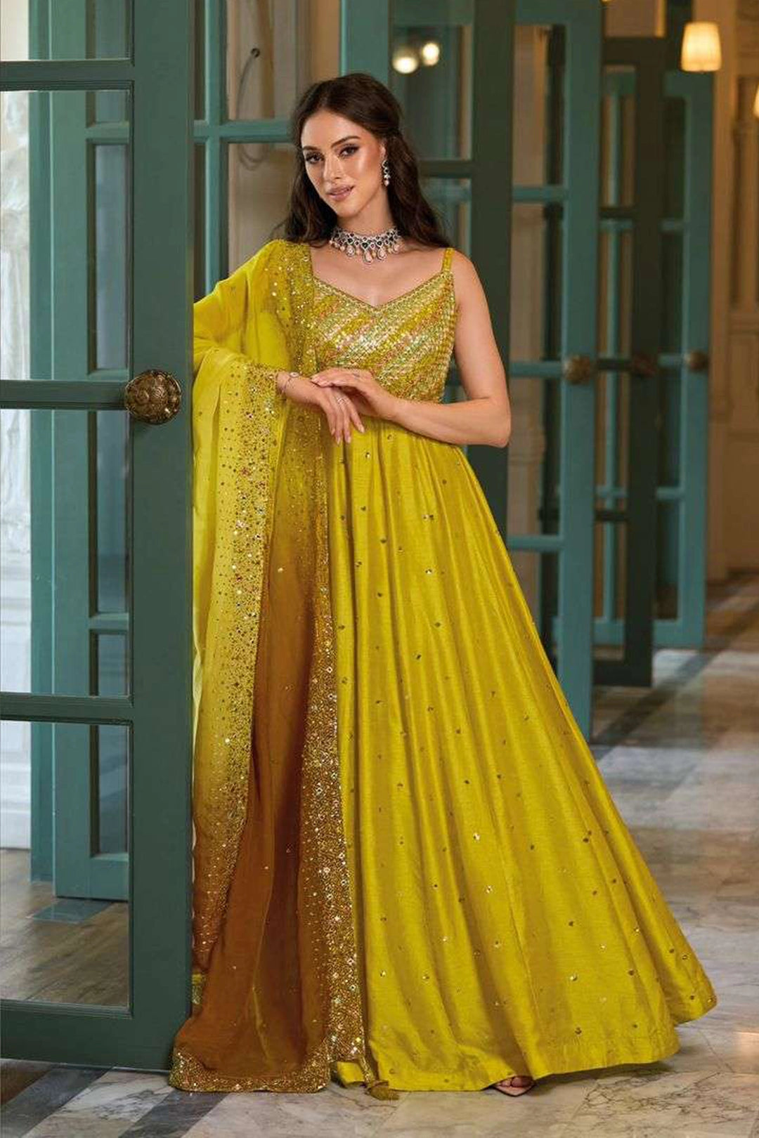 Yellow Embroidered Silk Indian & Pakistani Anarkali Gown, Silk / DarkKhaki / XL(42)