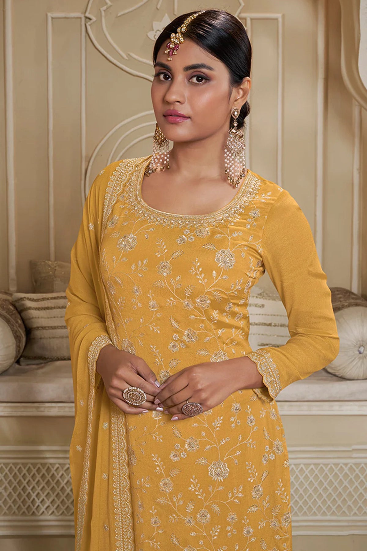 Yellow Floral Pattern Embroidered Sharara Suit Set at PinkPhulkari 