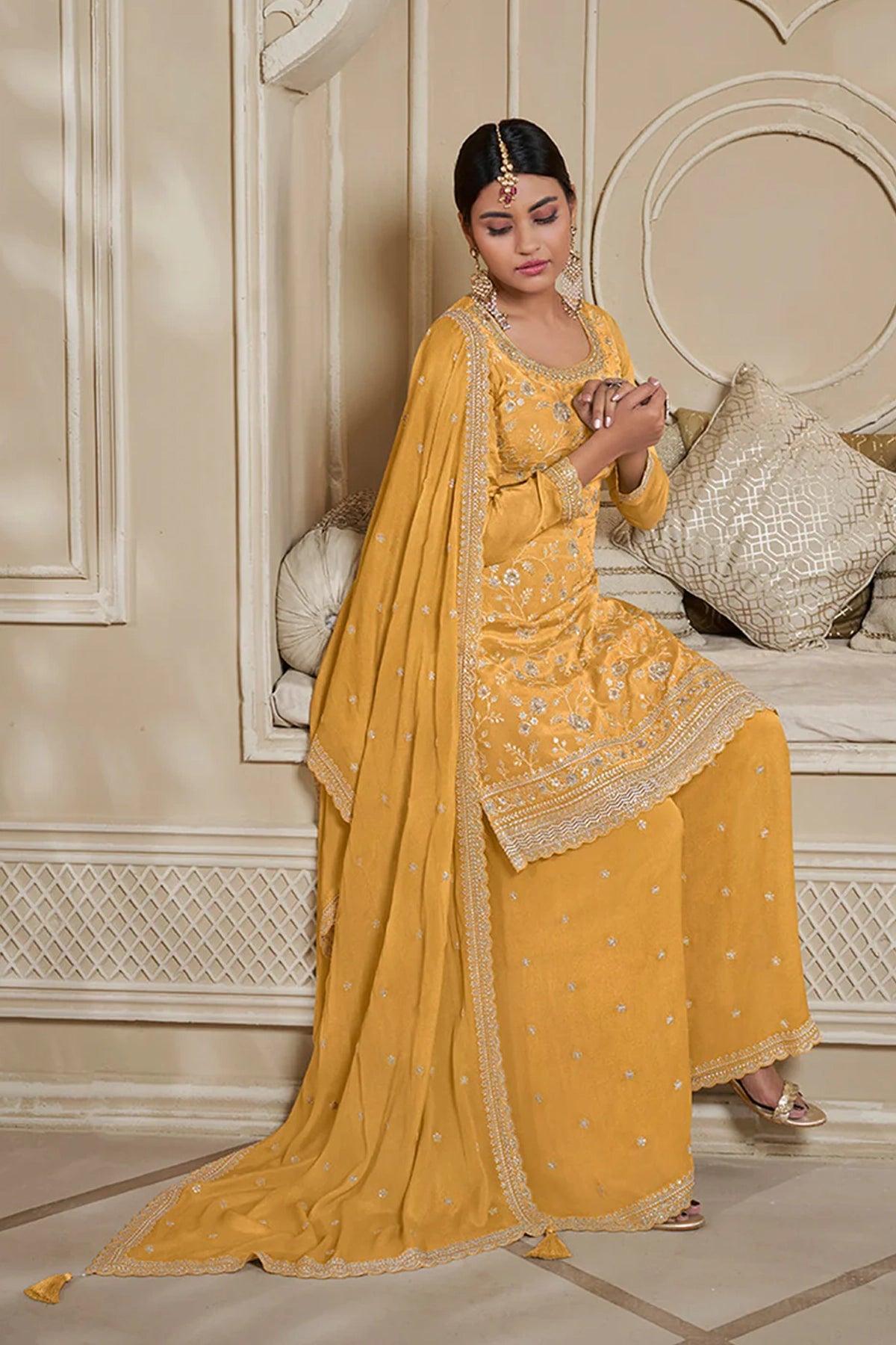 Yellow Floral Pattern Embroidered Sharara Suit Set at PinkPhulkari 