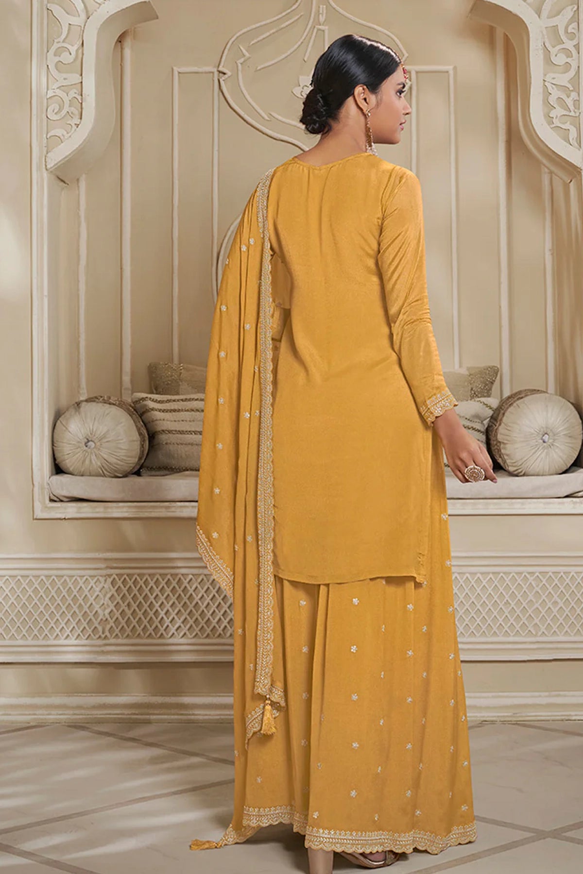 Yellow Floral Pattern Embroidered Sharara Suit Set at PinkPhulkari 