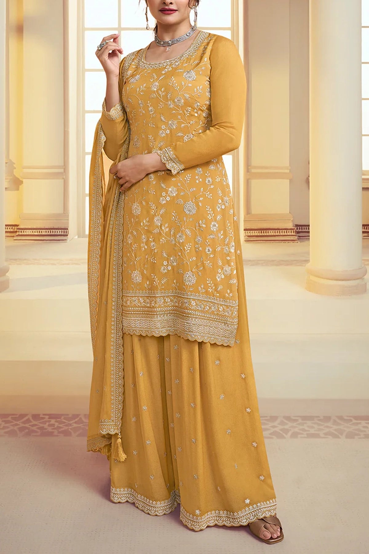 Yellow Floral Pattern Embroidered Sharara Suit Set at PinkPhulkari 