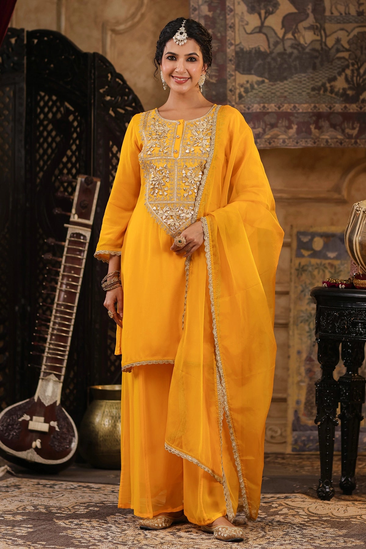 Buy Yellow Georgette Gota Patti Work Kurta Palazzo Set at PinkPhulkari