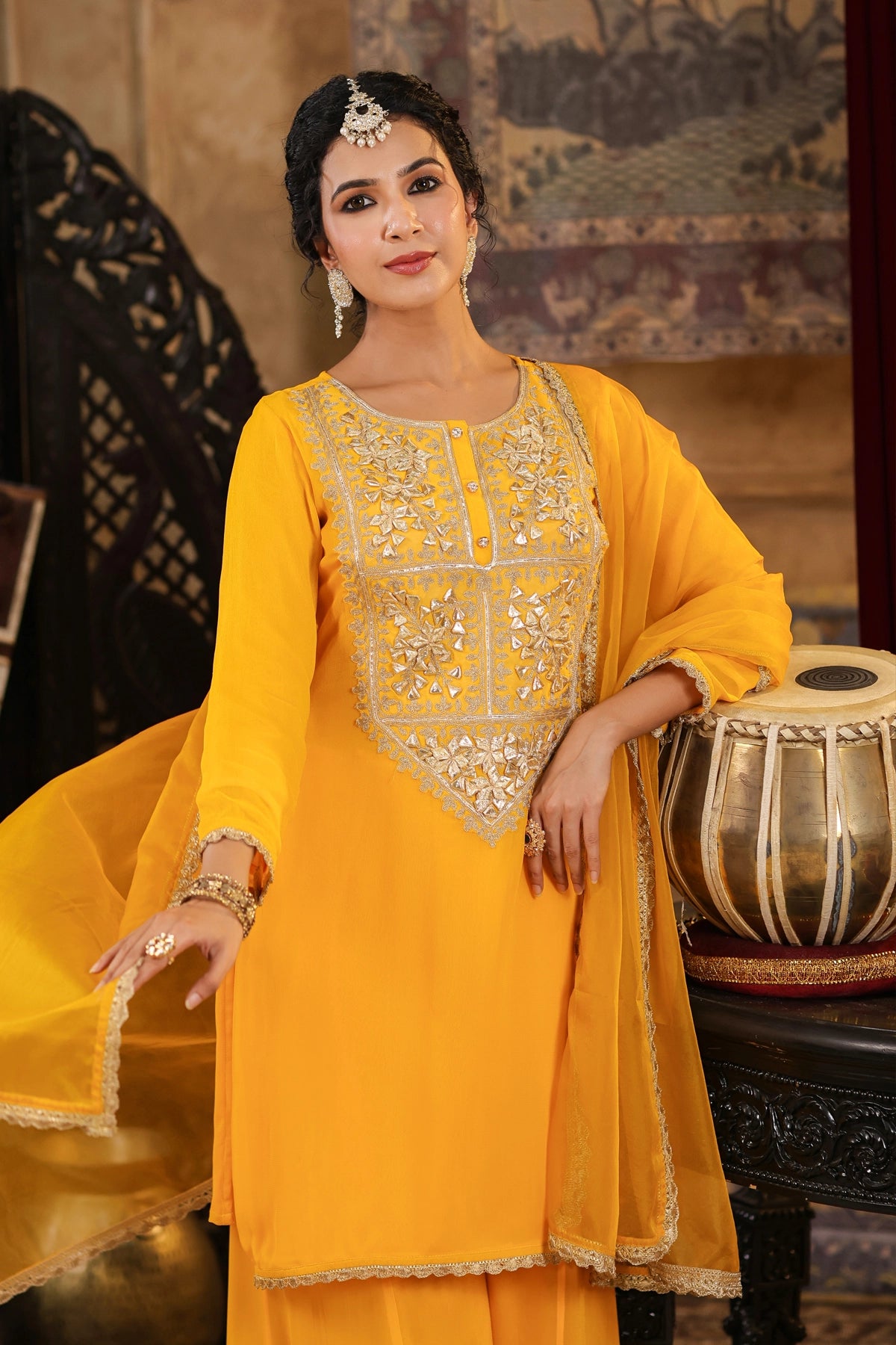 Buy Yellow Georgette Gota Patti Work Kurta Palazzo Set at PinkPhulkari