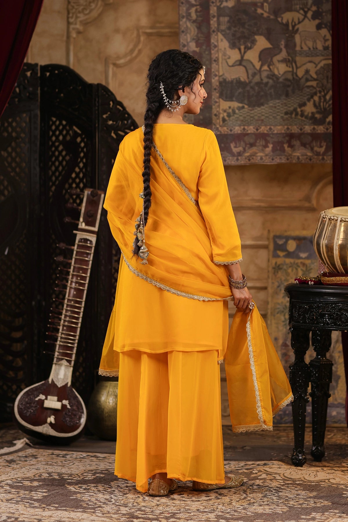 Buy Yellow Georgette Gota Patti Work Kurta Palazzo Set at PinkPhulkari