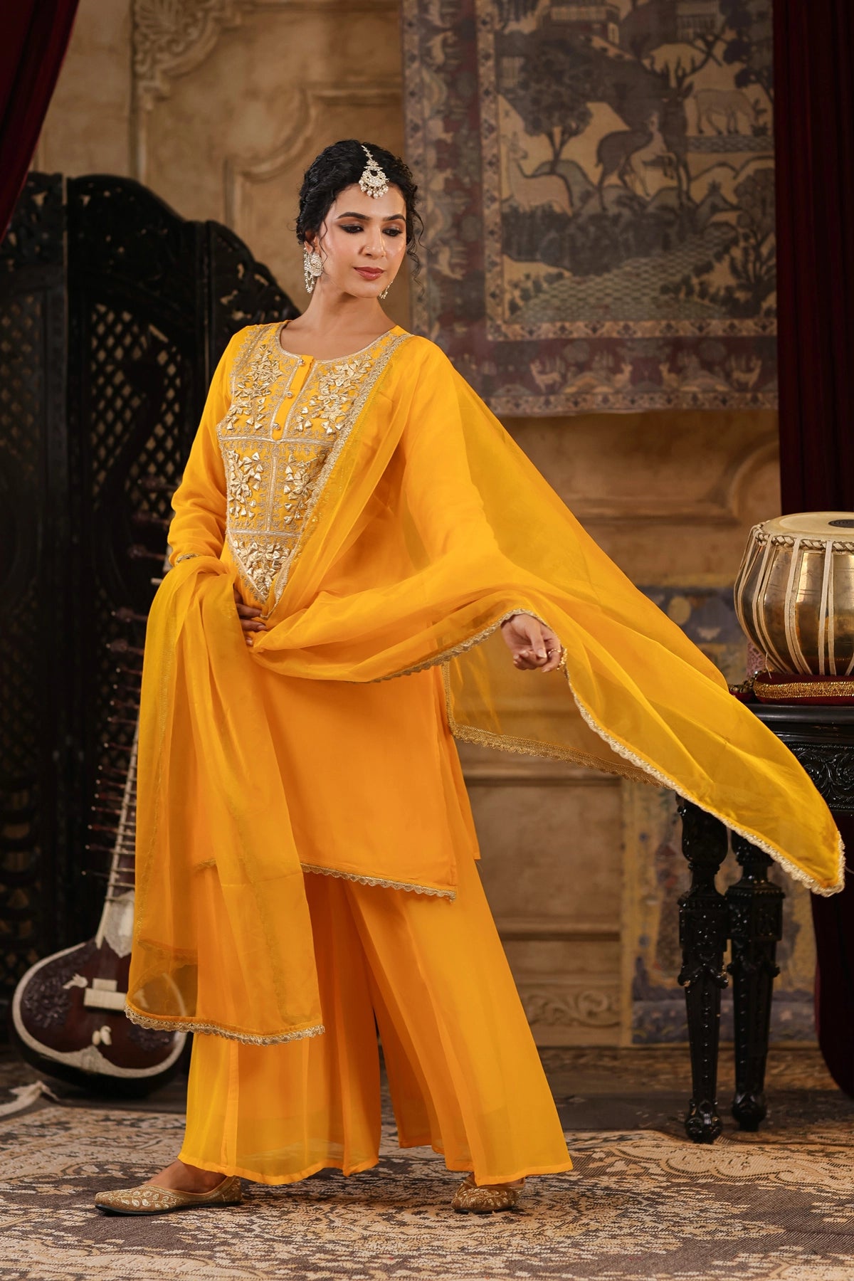 Buy Yellow Georgette Gota Patti Work Kurta Palazzo Set at PinkPhulkari