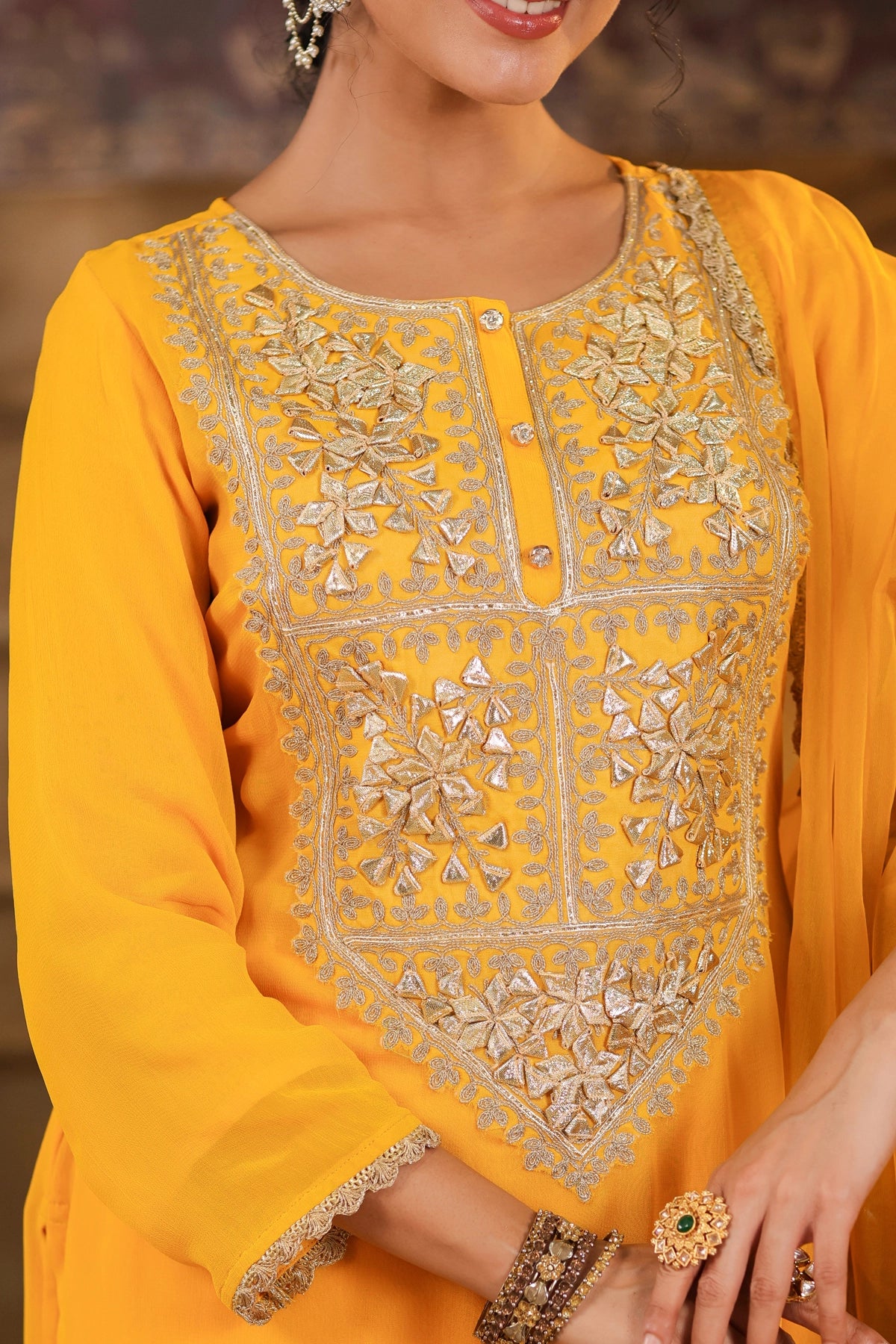 Buy Yellow Georgette Gota Patti Work Kurta Palazzo Set at PinkPhulkari