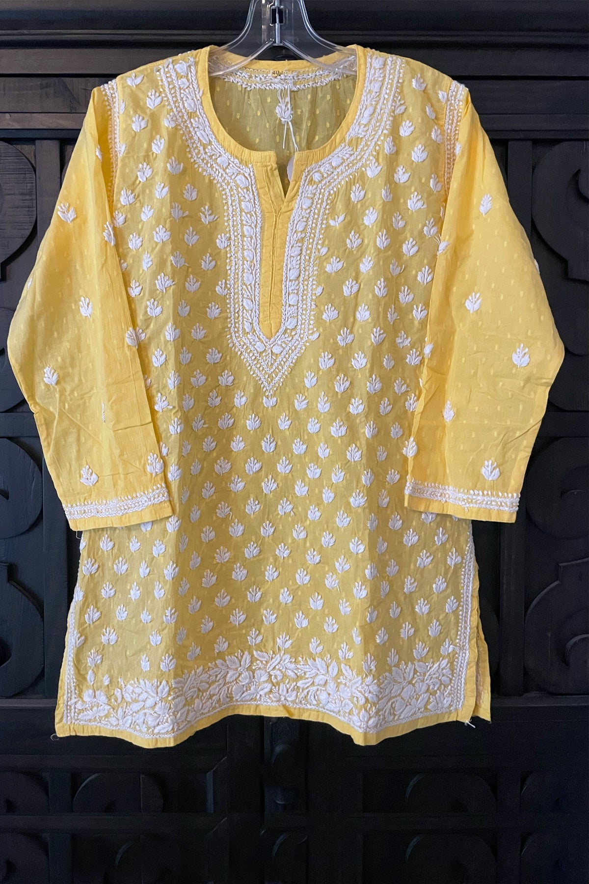 Buy Yellow Hand Embroidered Cotton Lucknowi Chikankari Short Kurti 