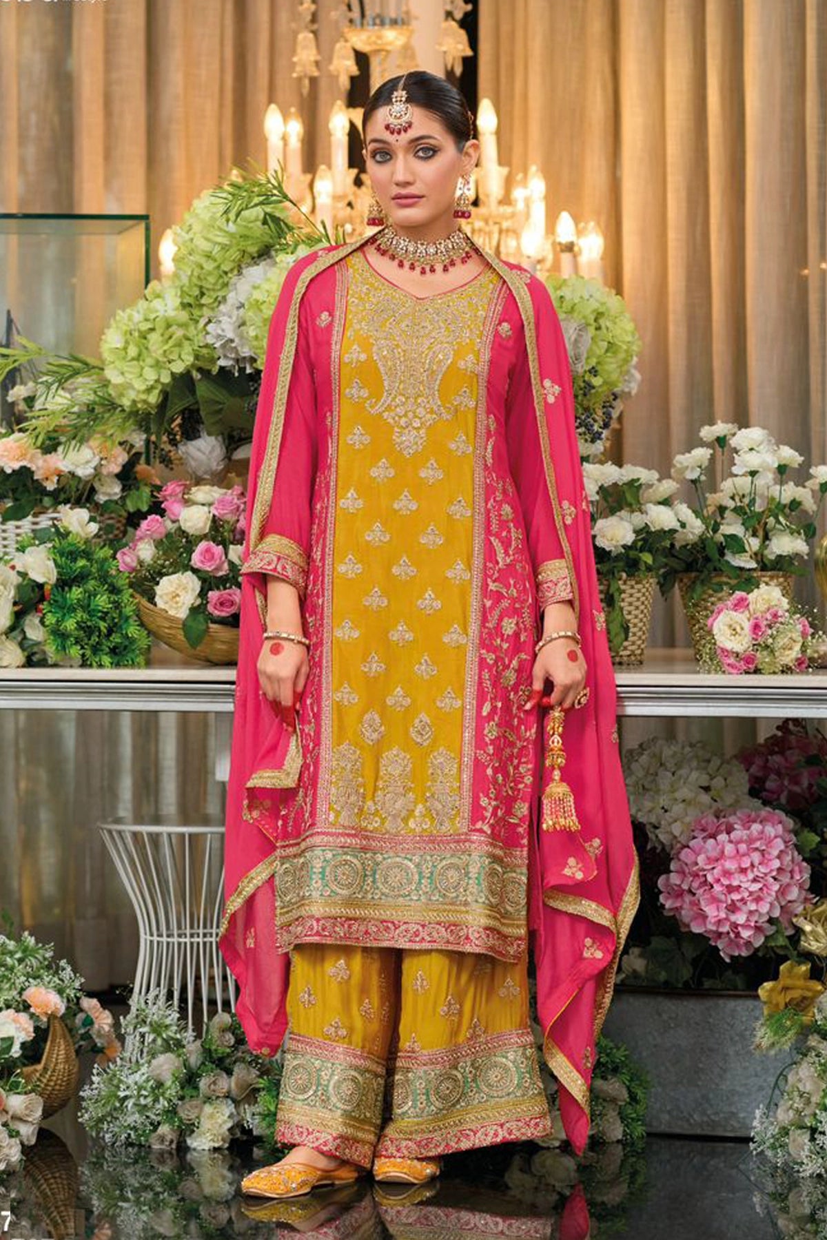 Yellow & Pink Silk Embroidered Kurta Palazzo Suit at PinkPhulkari 