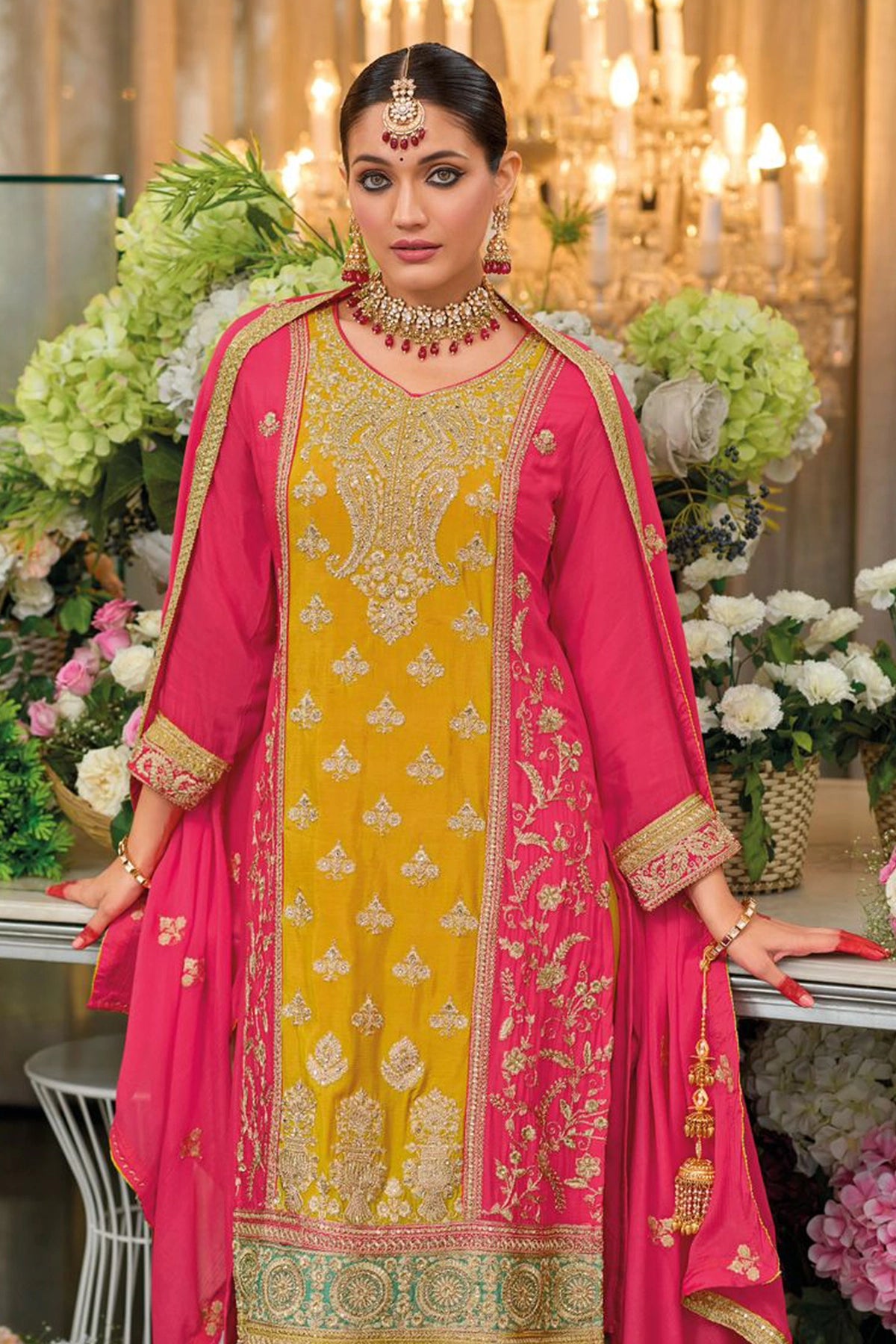 Yellow & Pink Silk Embroidered Kurta Palazzo Suit at PinkPhulkari 