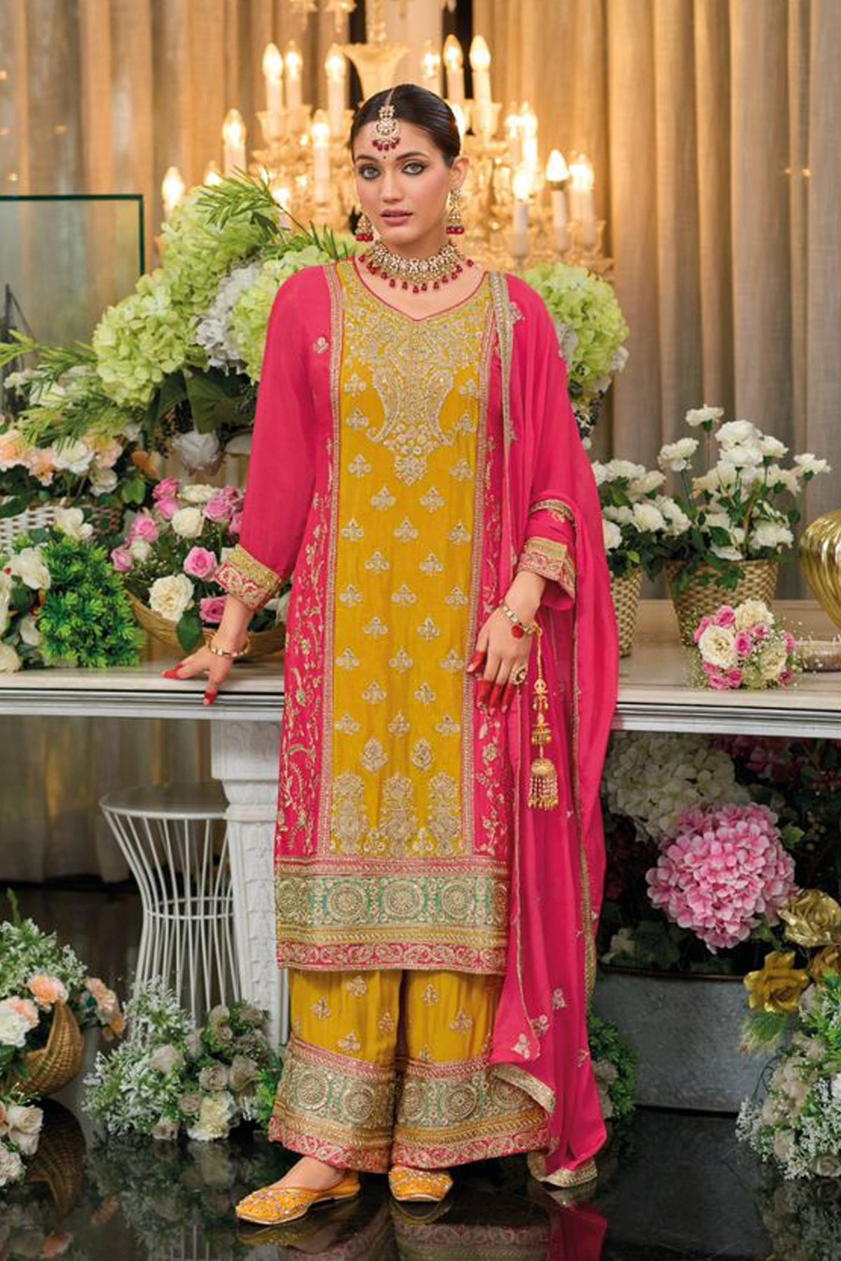 Yellow & Pink Silk Embroidered Kurta Palazzo Suit at PinkPhulkari 