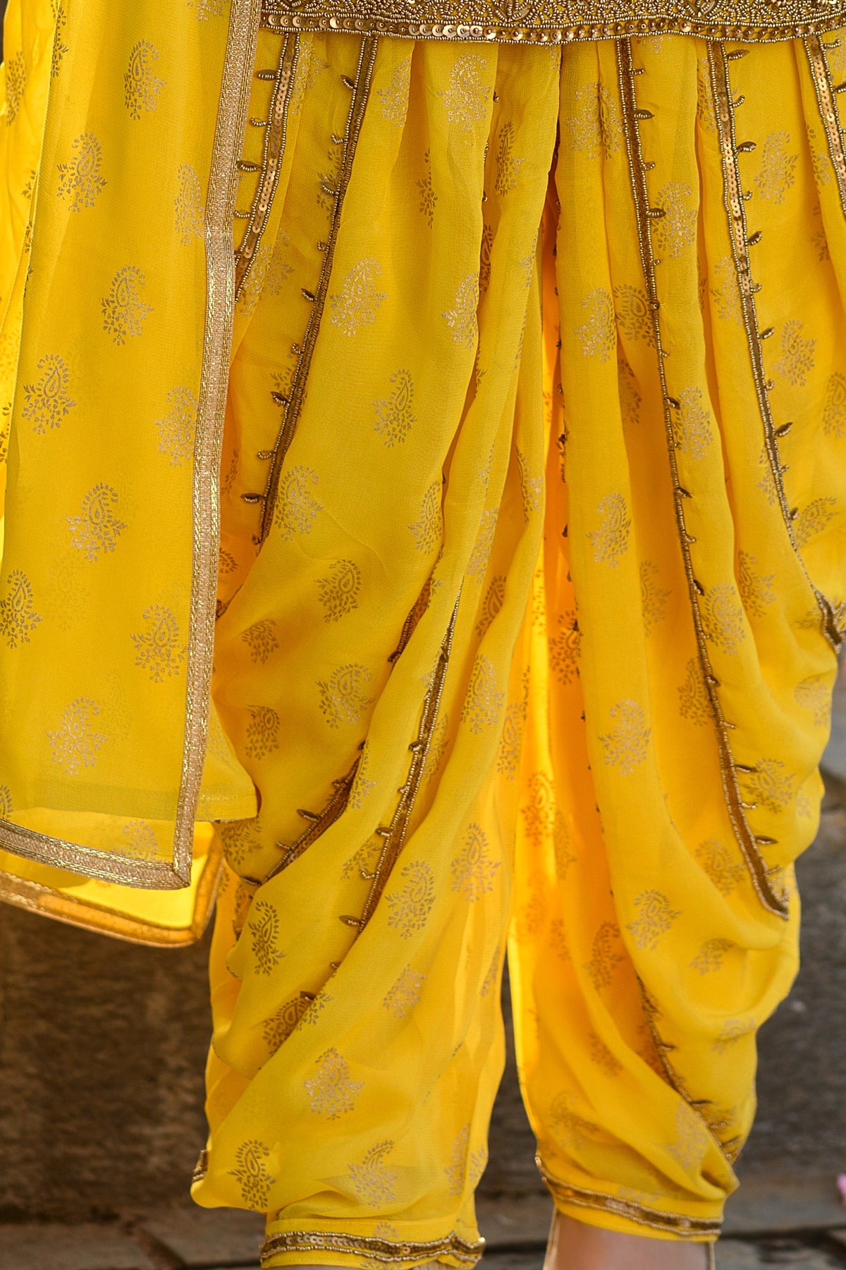 Yellow Georgette Patiala Dhoti Style Shalwar Suit at PinkPhulkari 