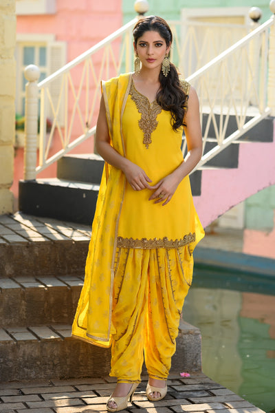 Yellow Georgette Patiala Dhoti Style Shalwar Suit at PinkPhulkari Yellow Georgette Patiala Dhoti Style Shalwar Suit at PinkPhulkari 