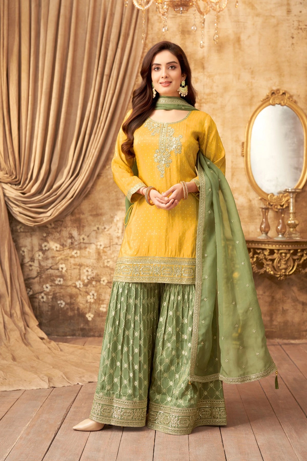 Buy Yellow Green Shimmer Silk Gharara Style Suit at PinkPhulkari 