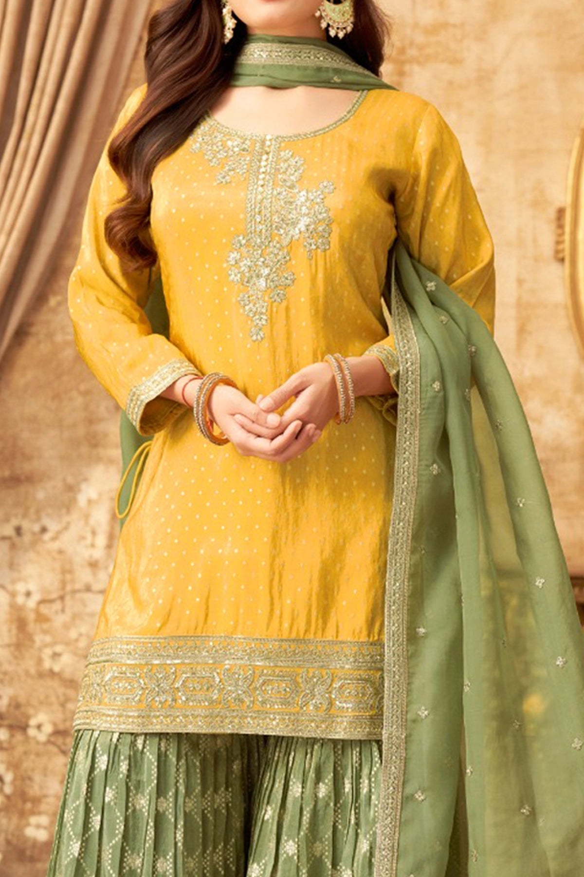 Buy Yellow Green Shimmer Silk Gharara Style Suit at PinkPhulkari 