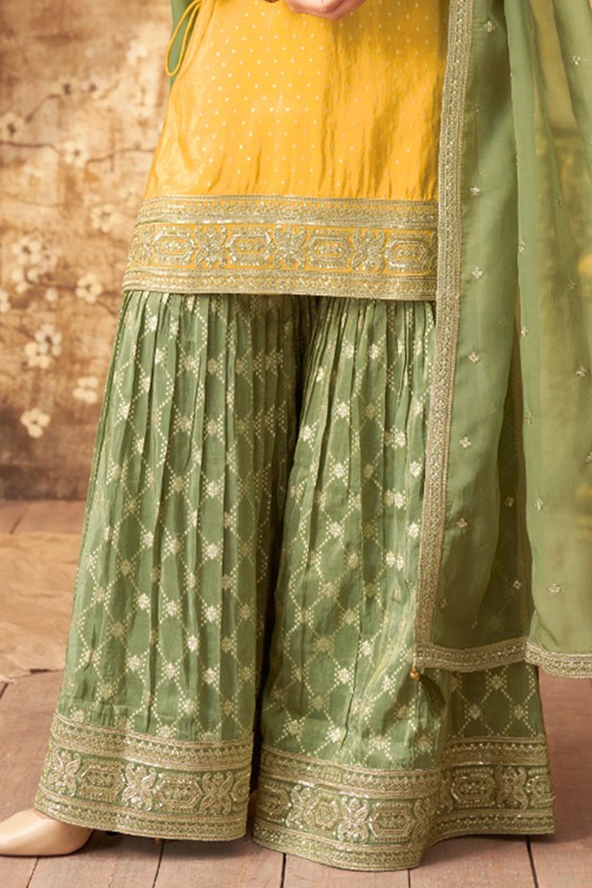 Buy Yellow Green Shimmer Silk Gharara Style Suit at PinkPhulkari 