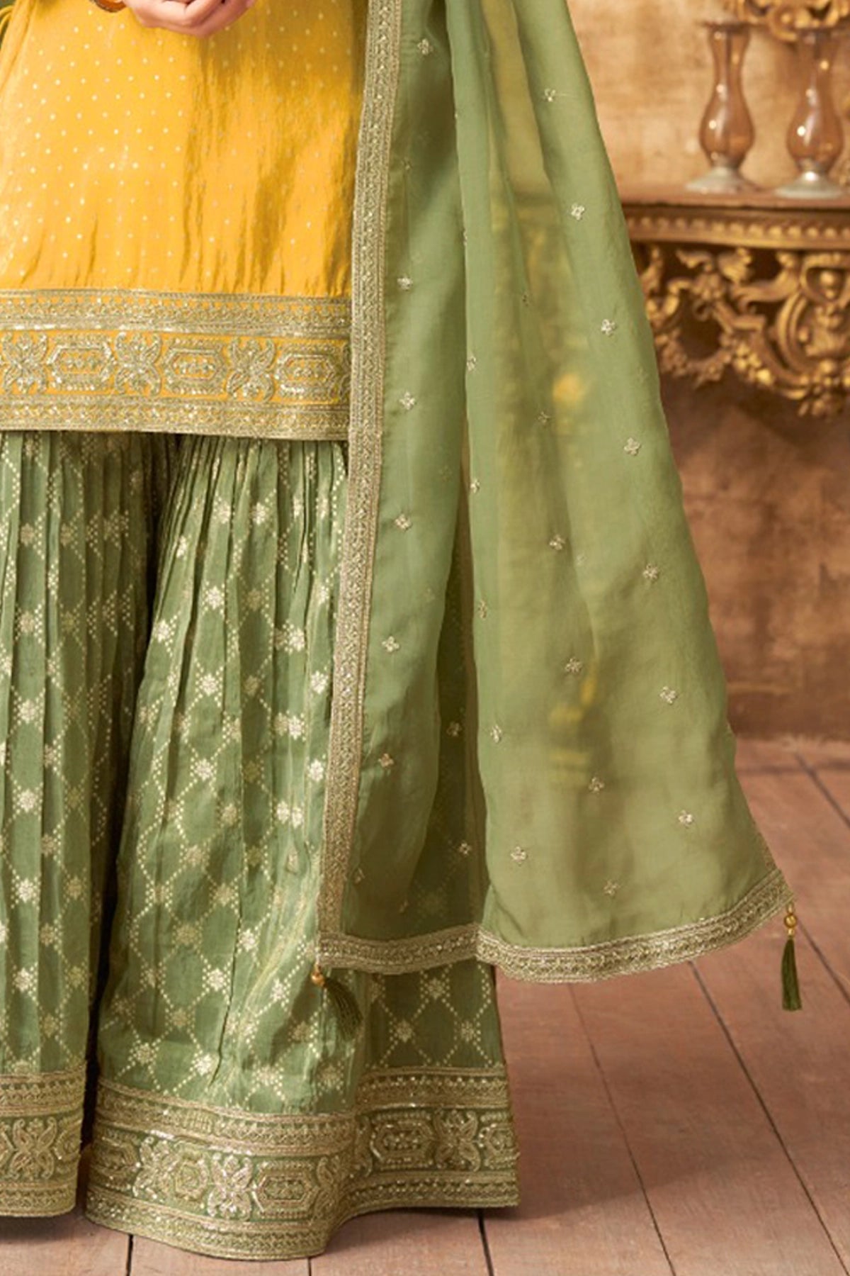 Buy Yellow Green Shimmer Silk Gharara Style Suit at PinkPhulkari 