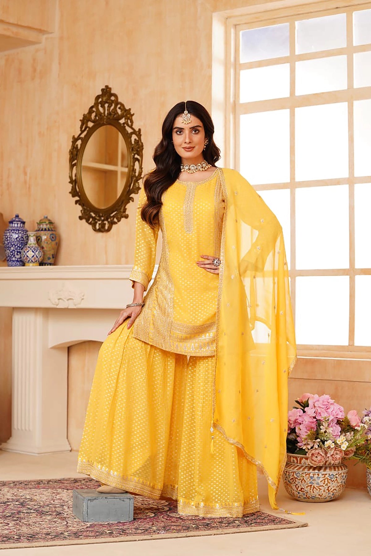 Yellow Kurta Sharara Suit Set with Dupatta