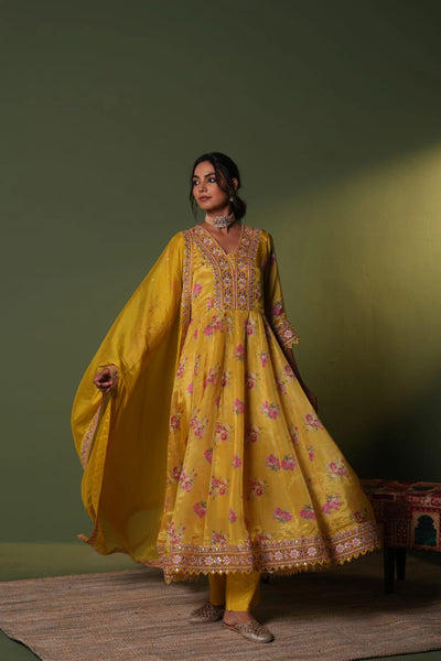 Buy Yellow Chinon Silk Floral Print Embroidered Anarkali Set
