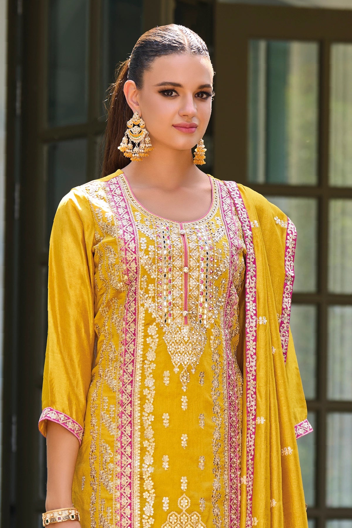 Yellow Silk Embroidered Kurta Palazzo Suit