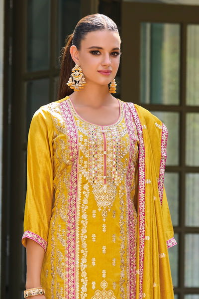 Yellow Silk Embroidered Kurta Palazzo SuitYellow Silk Embroidered Kurta Palazzo Suit