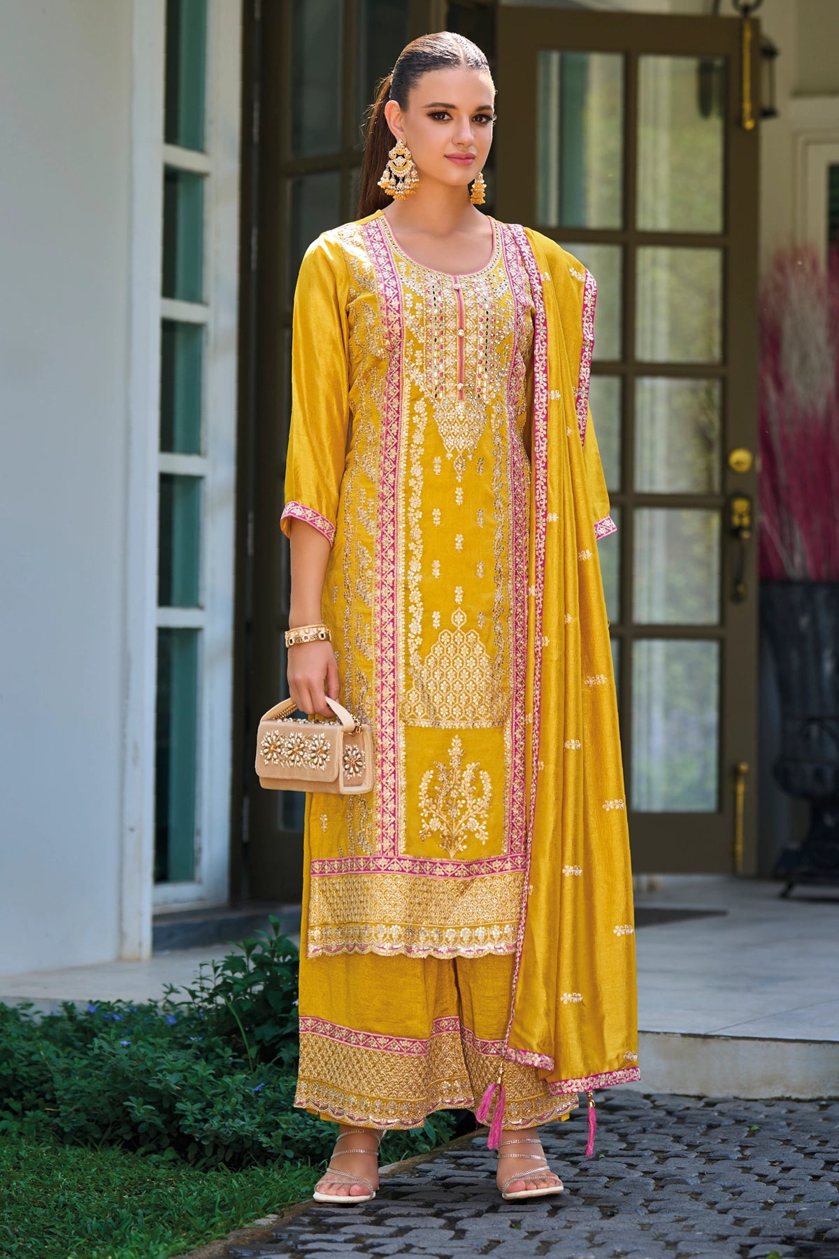 Buy Yellow Silk Embroidered Palazzo Suit at PinkPhulkari California