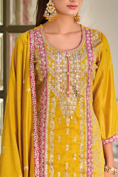 Buy Yellow Silk Embroidered Palazzo Suit at PinkPhulkari CaliforniaBuy Yellow Silk Embroidered Palazzo Suit at PinkPhulkari California