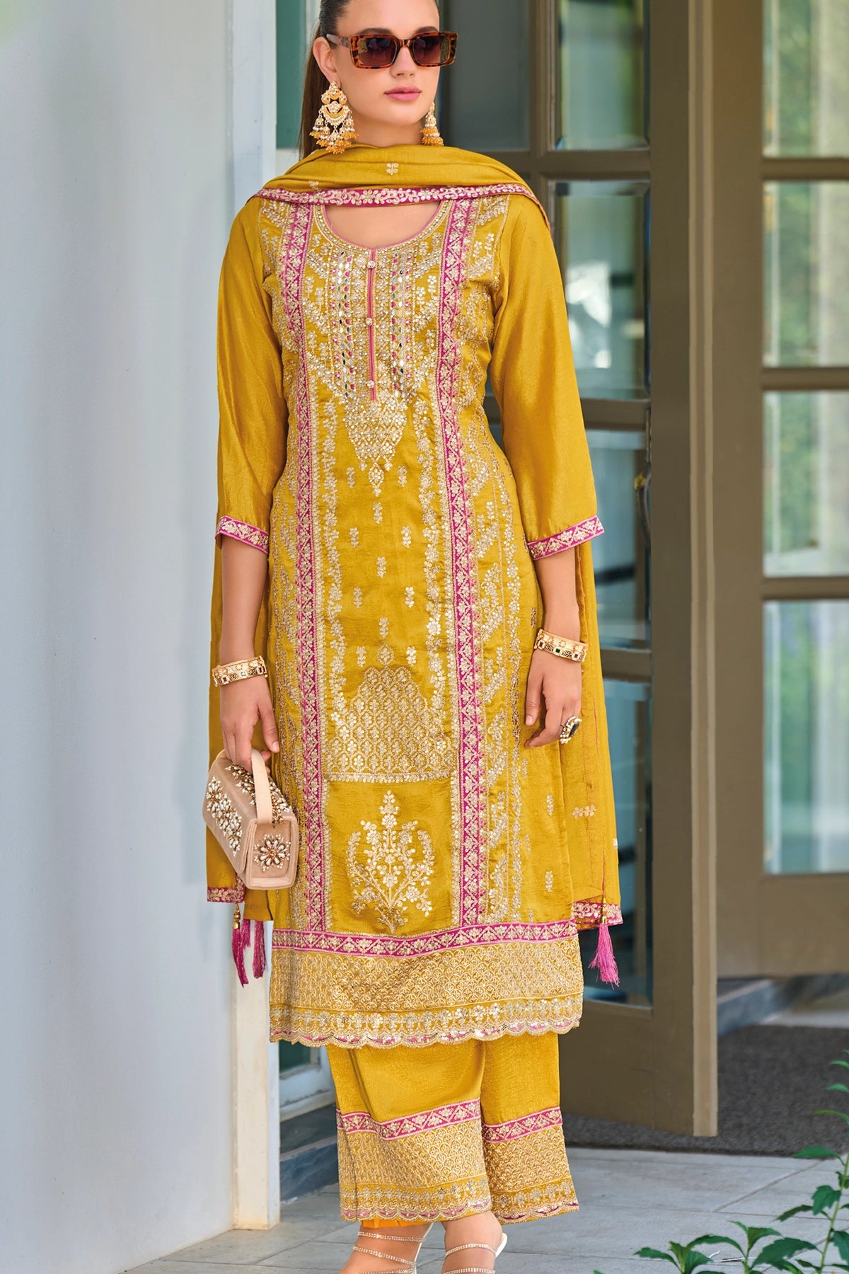 Buy Yellow Silk Embroidered Palazzo Suit at PinkPhulkari California