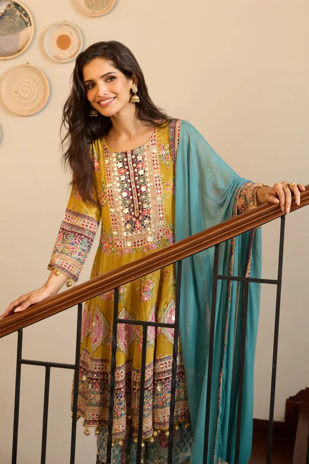 Buy Yellow Multicolored Anarkali Sharara Suit at PInkPhulkari 