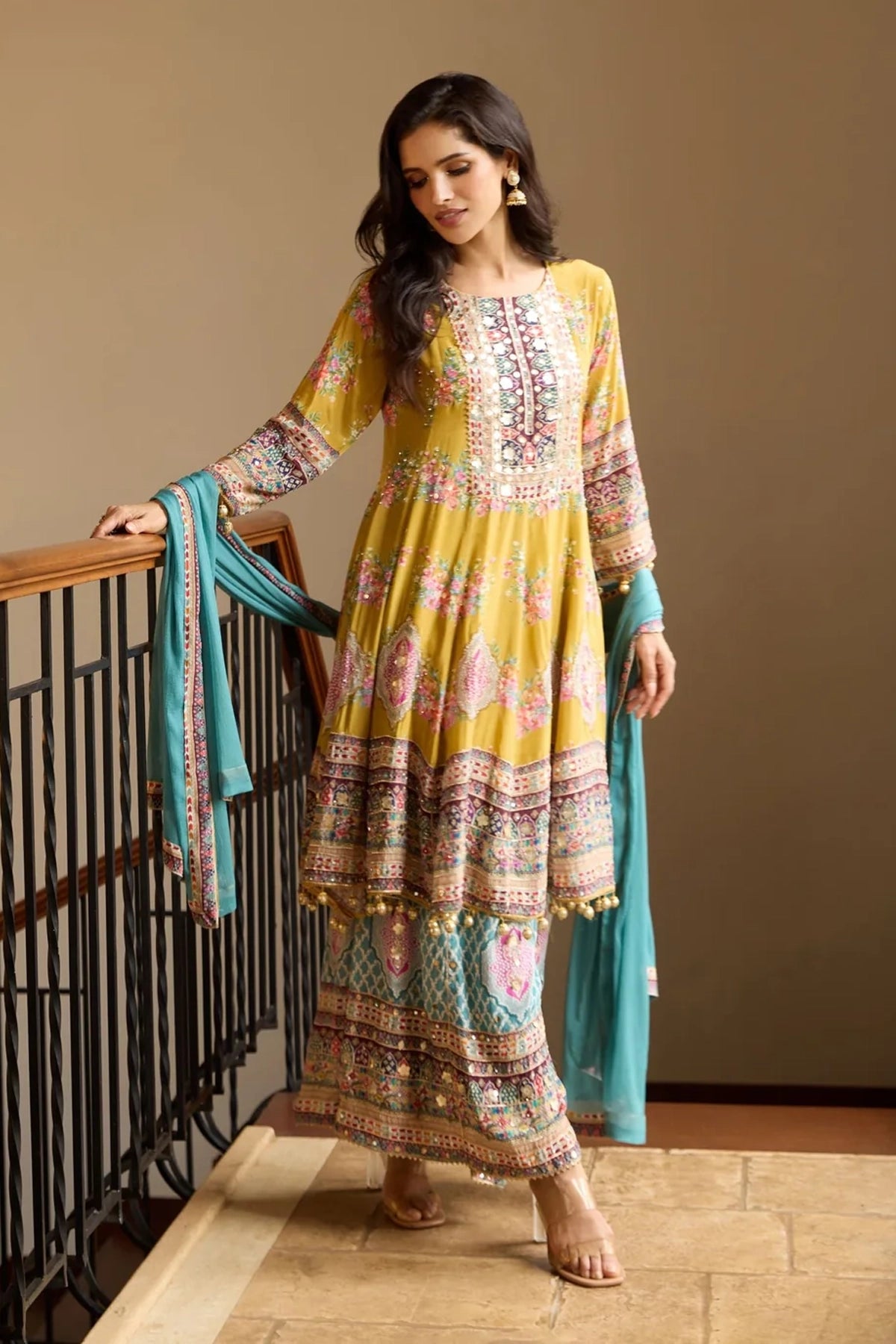 Buy Yellow Multicolored Anarkali Sharara Suit at PInkPhulkari 