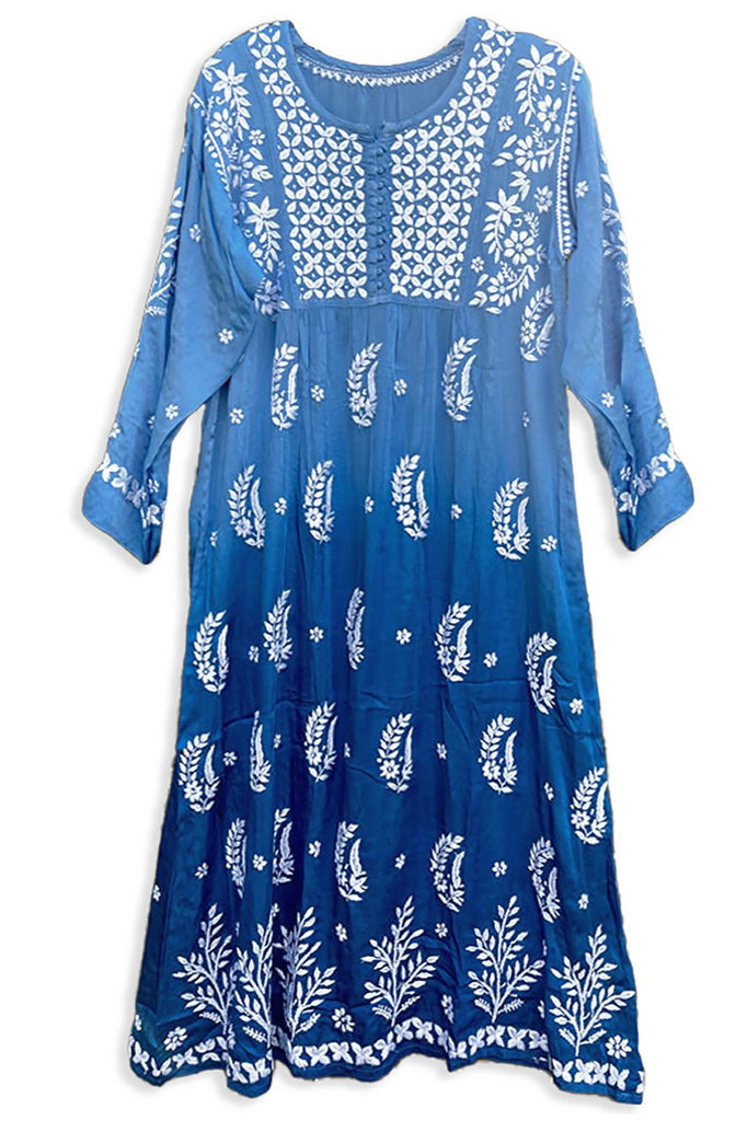 lucknowi maxi dress Satin Silk Lucknowi Chikankari Ladies A Line Kurta Satin Silk / DarkBlue / L(40)