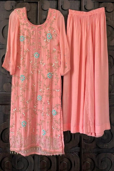 Pink Chinnon Embroidered Kurta Palazzo Pant Set XS, S - PinkPhulkari CaliforniaPink Chinnon Embroidered Kurta Palazzo Pant Set XS, S - PinkPhulkari California